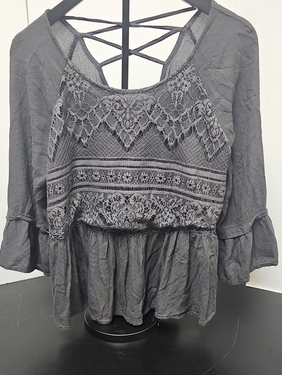 Knox Rose Tops - Knox Rose Grey Lace-Front Peasant Tunic with Crisscross Back